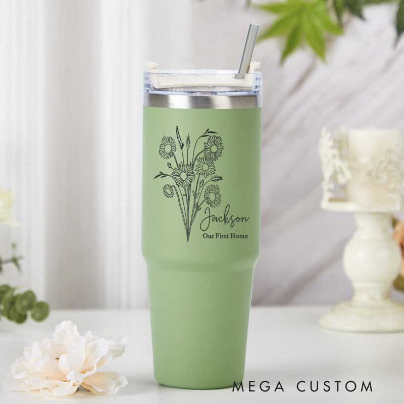 Personalized Insulated Stainless Steel Tumbler Our First Home Cup with Floral Design Custom Housewarming Cup Our First Home  Gift