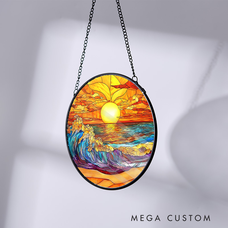 Personalized Housewarming Suncatcher Home Sweet Home Design Tropical Sunset and Beach Theme with Custom Names Stained Glass Style Decorative Gift
