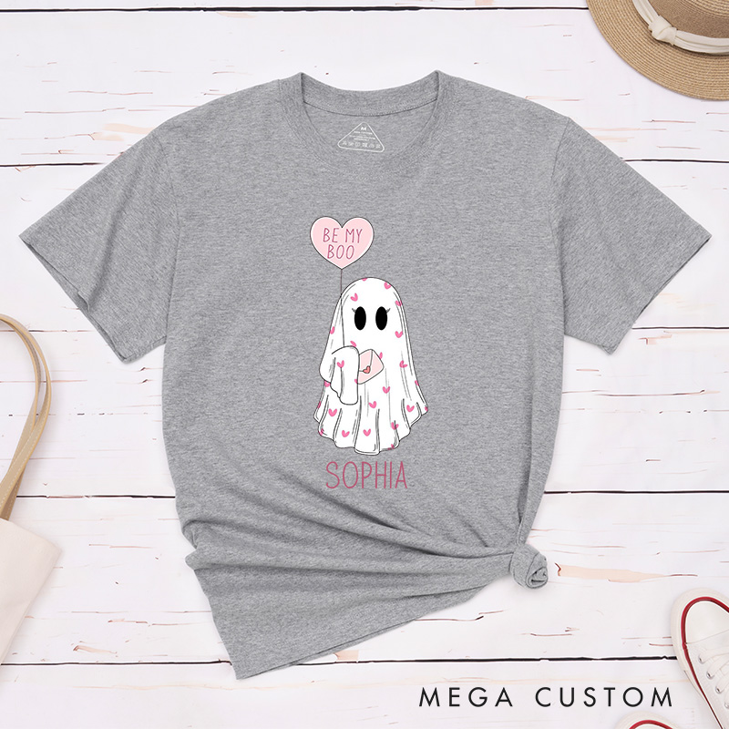 Personalized Couple Be My Boo Matching T-Shirt Valentine's Day Ghost Holding Heart Balloon T-Shirt for Husband Wife Boyfriend Girlfriend Gift