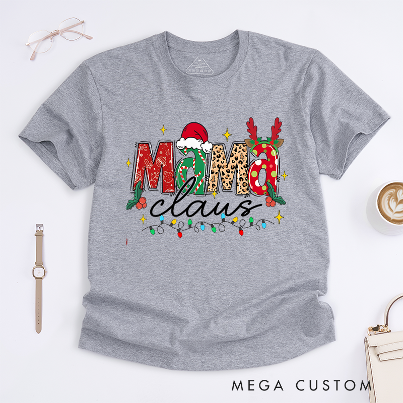 Personalized Christmas Mama Gigi Nana Claus Classic T-Shirt with Santa Hat and Reindeer Antler Decorations