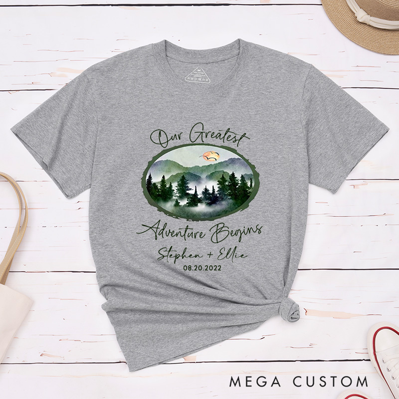 Personalized Watercolor Mountain Serence Our Greatest Adventure Begins Matching Honeymoon Couple Classic T-Shirt
