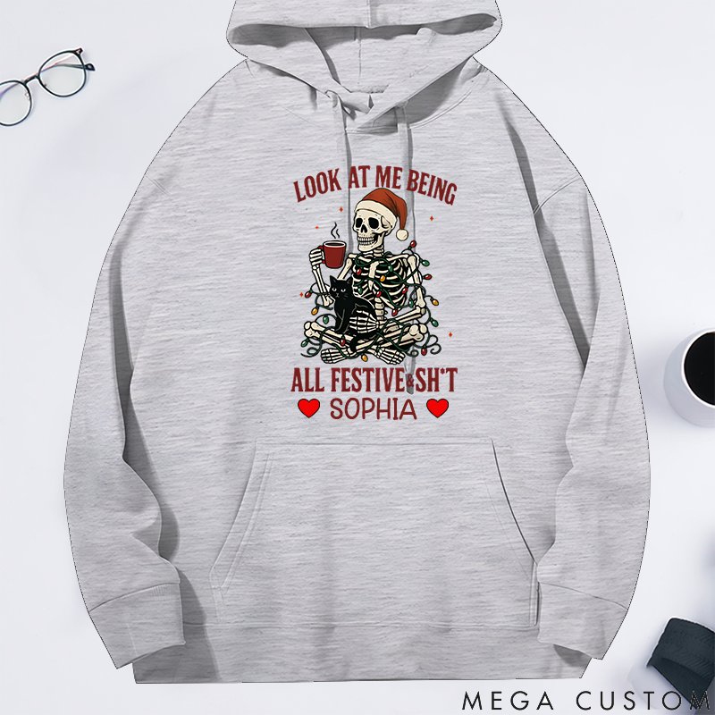 Personalized Classic Hoodie Christmas Skeleton Coffee Black Cat Theme