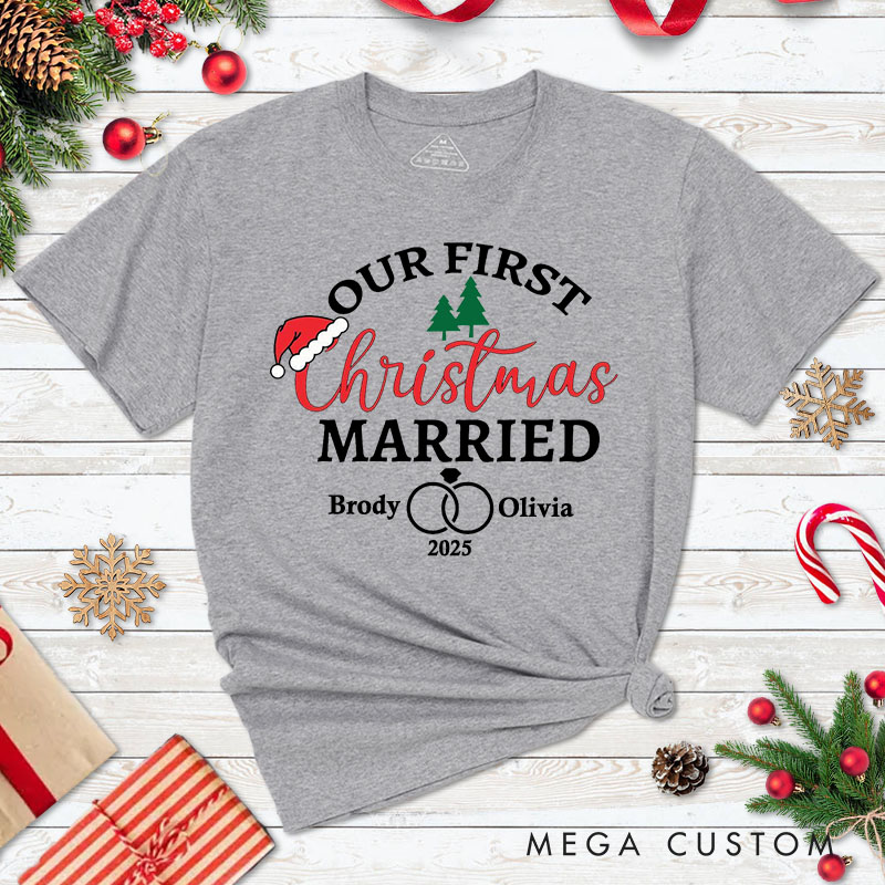 Personalized Couple Our First Christmas Married T-Shirt Custom Newlyweds Wedding Rings Xmas Shirt for Husband Wife Just Married Tee Top Christmas Gift