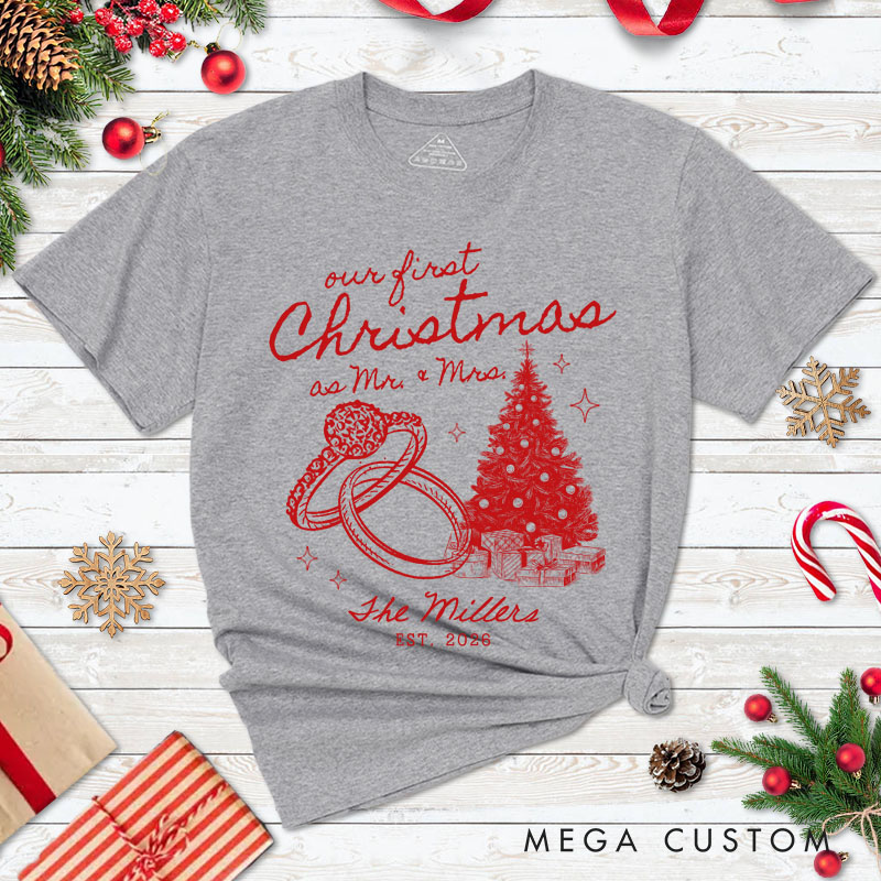 Personalized Couple Our First Christmas as Mr. and Mrs. T-Shirt Custom Newlyweds Wedding Rings Xmas Shirt for Husband Wife Married Tees Christmas Gift