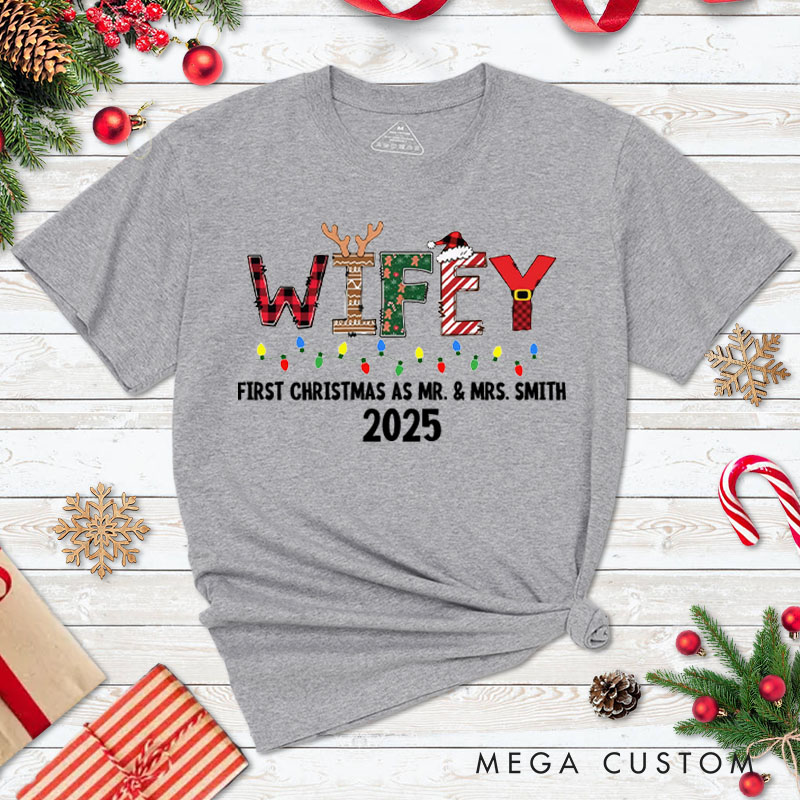 Personalized Couple Wifey and Hubby First Christmas T-Shirt Custom Newlyweds Christmas Light Shirt for Husband Wife Married Tee Tops Christmas Gift