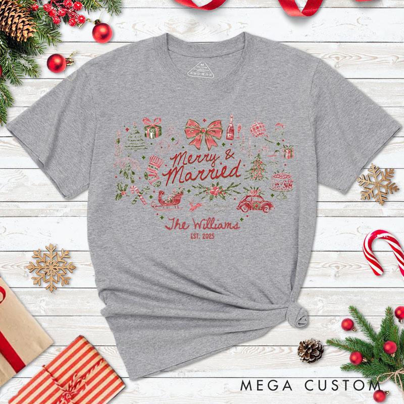 Personalized Couple Merry and Married First Christmas T-Shirt Newlyweds Festive Last Name Shirt for Husband Wife Married Tee Tops Christmas Gift