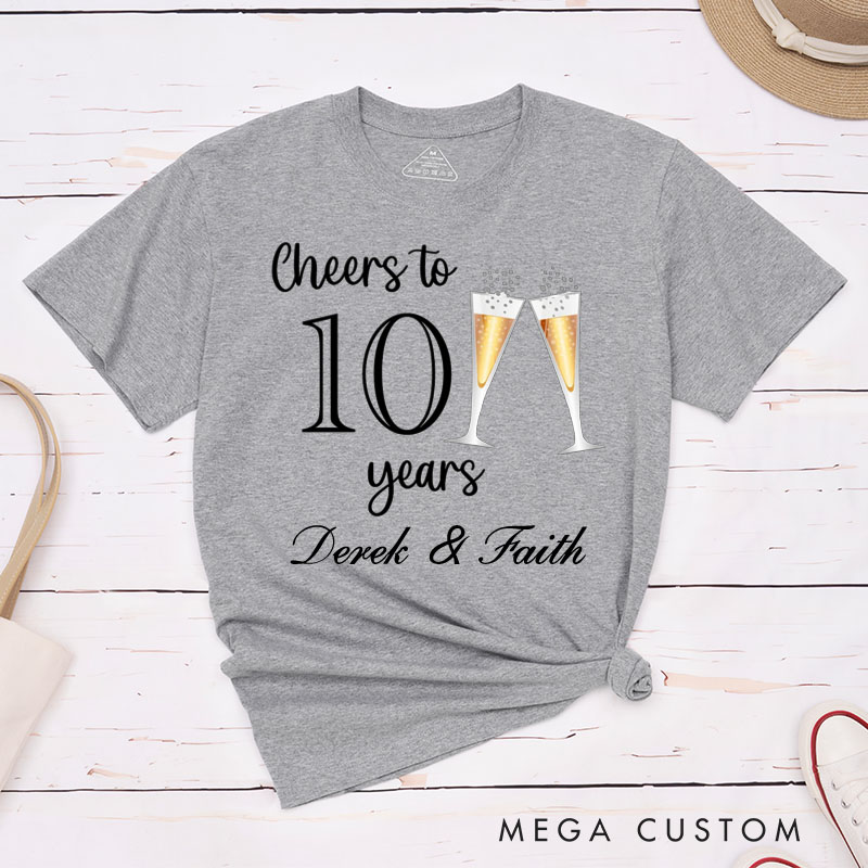 Personalized Couple 10th Anniversary T-Shirt Cheers to 10 Years T-Shirt Anniversary Gift Champagne Tees for Wife Husband Couple Gift
