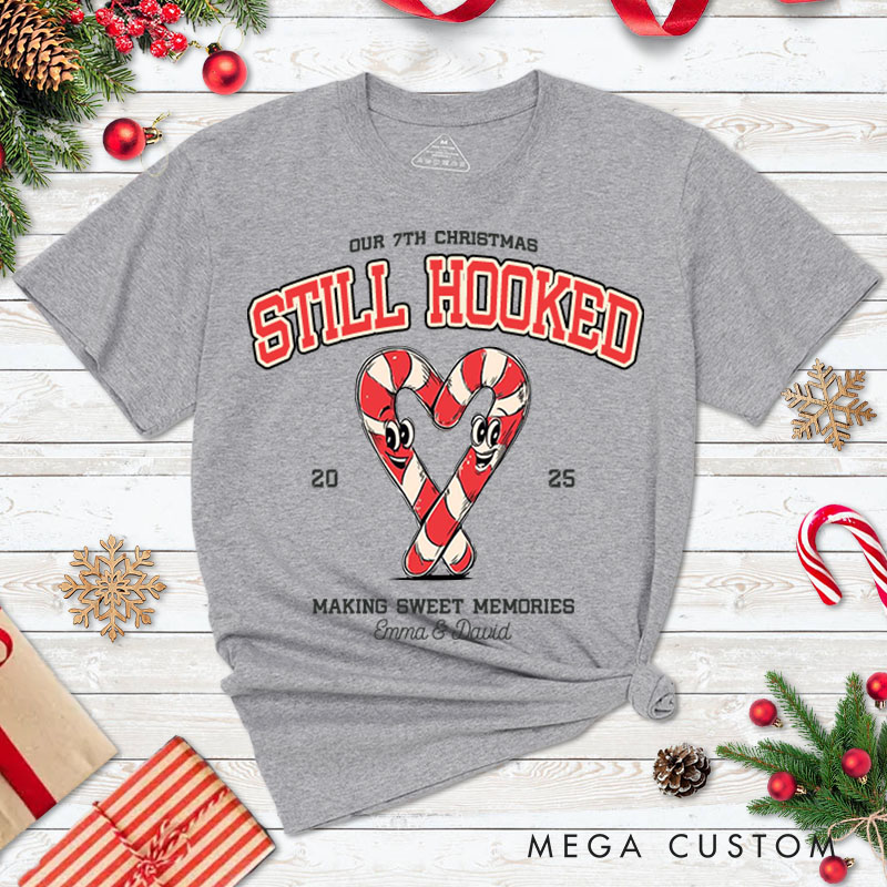Personalized Couple Our First Christmas T-Shirt Custom Newlyweds Festive Heart Candy Canes Shirt for Husband Wife Married Tee Top BF GF Christmas Gift