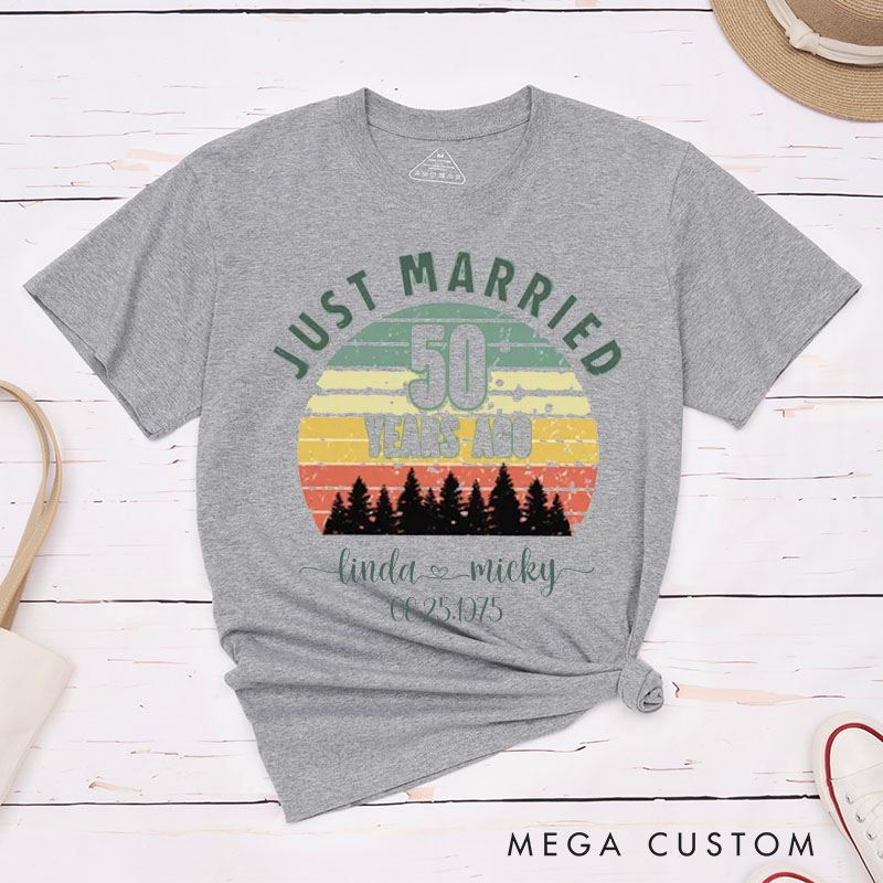 Personalized Couple 50th Anniversary T-Shirt Just Married 50 Years Ago T-Shirt Anniversary Golden Wedding Sunset Tees for Wife Husband