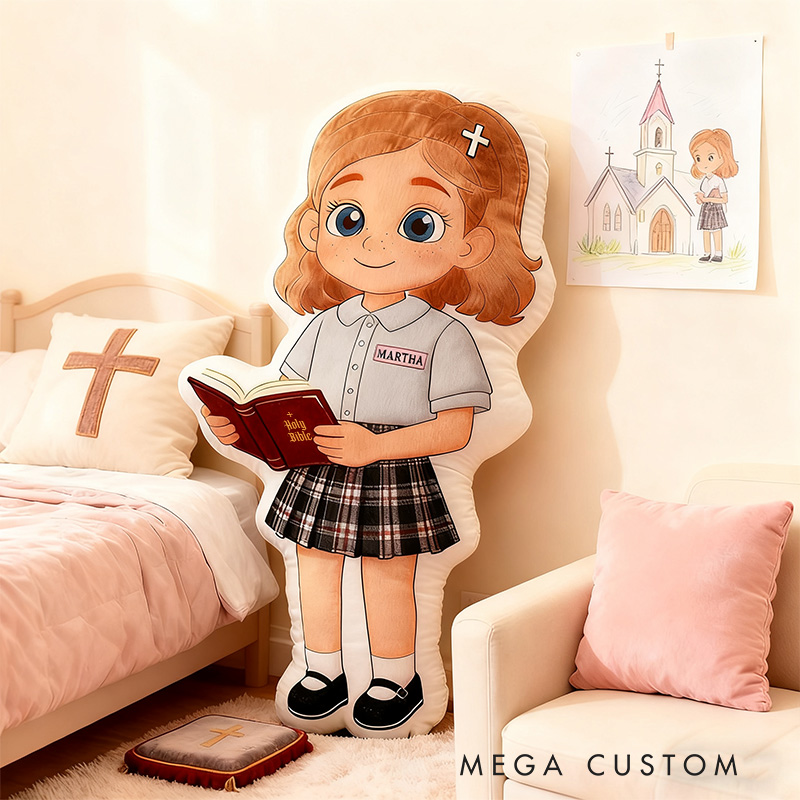 Personalized Cartoon Girl Holding Bible Pillow with Custom Name and Skin Tone Shirt Kids Room Decor Religious Baptisms Gift for Kids Graphic 3D Print
