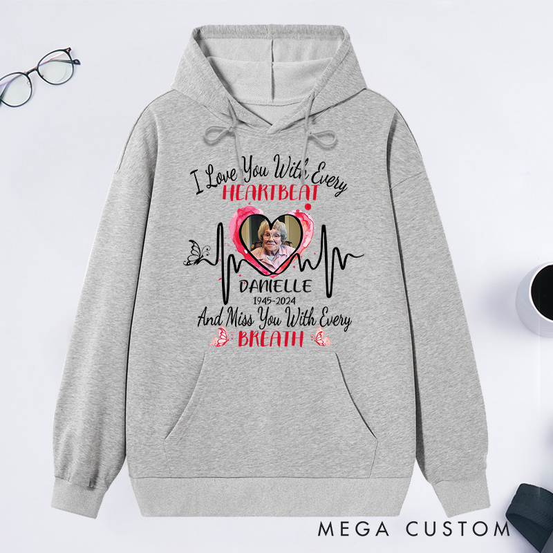 Personalized Photo Memorial Hoodie Big Piece of Heart Lives in Heaven Hoodie Gifts for Loss of Dad Mom RIP Sweatshirt Multi Color 