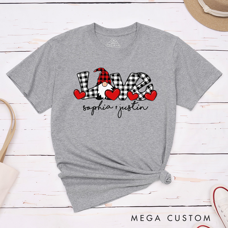 Personalized Couple Plaid Love Gnome with Red Heart Matching T-Shirt Valentine's Day T-Shirt for Husband Wife Boyfriend Girlfriend Gift