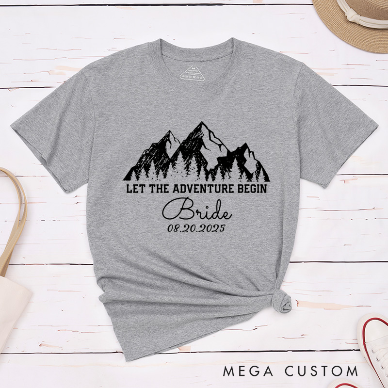Personalized Rustic Line Mountains Let The Adventure Begin Bride and Groom Matching Wedding Couple Classic T-Shirt