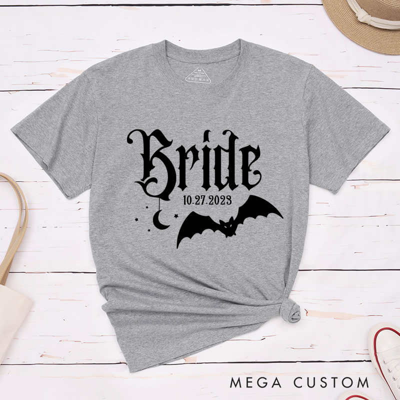 Personalized Holloween-Inspired Gothic Bride and Groom with Bat and Moon Matching Wedding Couple Classic T-Shirt