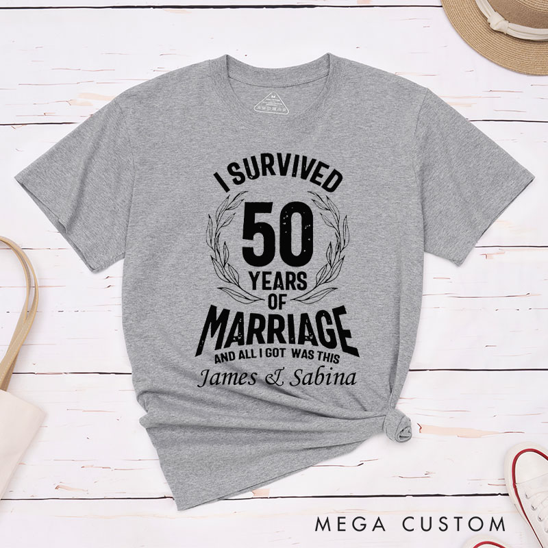 Personalized Couple 50th Anniversary T-Shirt I Survived 50 Years of Marriage Anniversary Humorous Golden Shirt Couple Gift Tee