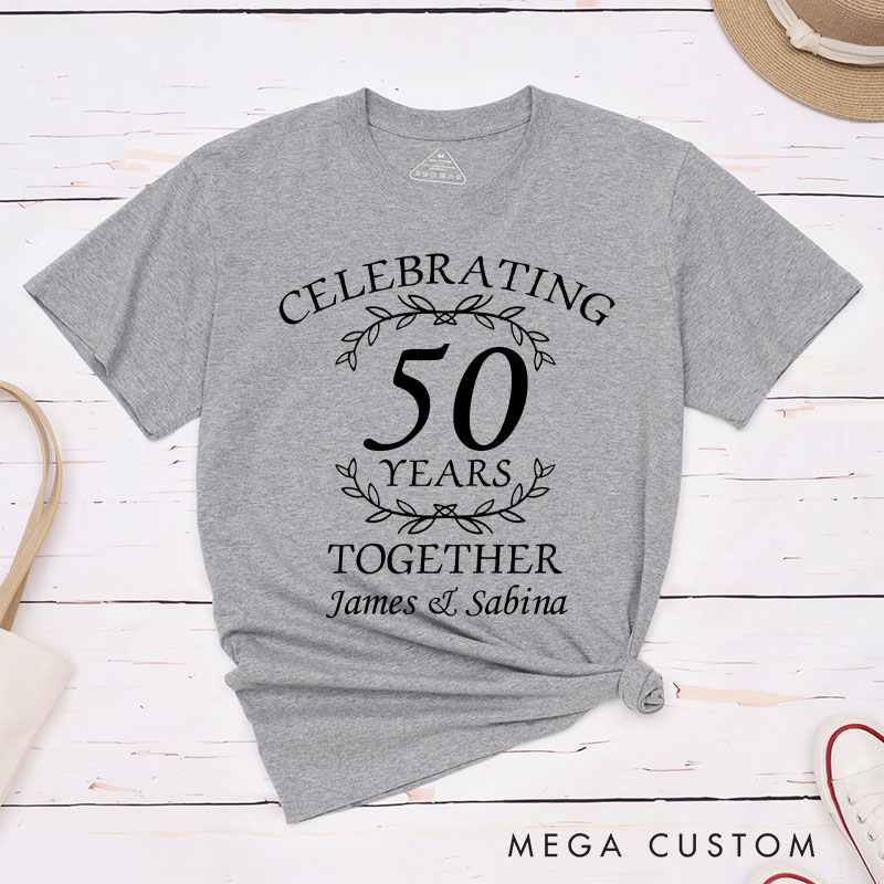 Personalized Couple 50th Anniversary T-Shirt Celebrating 50 Years Together Elegant Golden Anniversary Humorous Golden Shirt Couple Gift Tee