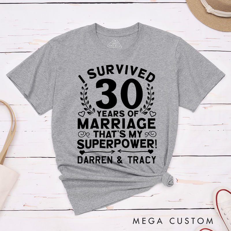 Personalized Couple 30th Anniversary T-Shirt I Survived 30 Years of Marriage That's My Superpower Shirt for Couples Wife Husband Gift Tees