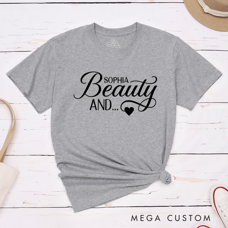 Personalized Couple The Beard and Beauty Matching T-Shirt with Name Valentine's Day T-Shirt for Husband Wife Boyfriend Girlfriend Gift