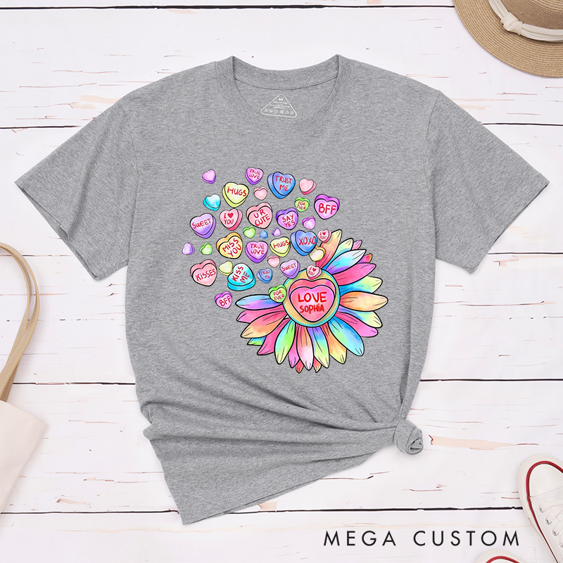 Personalized Couple Colorful Flower and Candy Matching T-Shirt Valentine's Day T-Shirt for Husband Wife Boyfriend Girlfriend Gift for Hubby Wifey