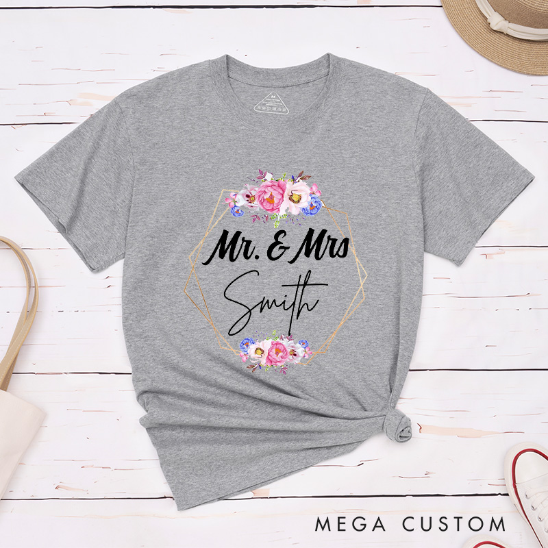 Personalized Geometric Frame with Watercolor Floral Mr and Mrs Wedding Couple Classic T-Shirt