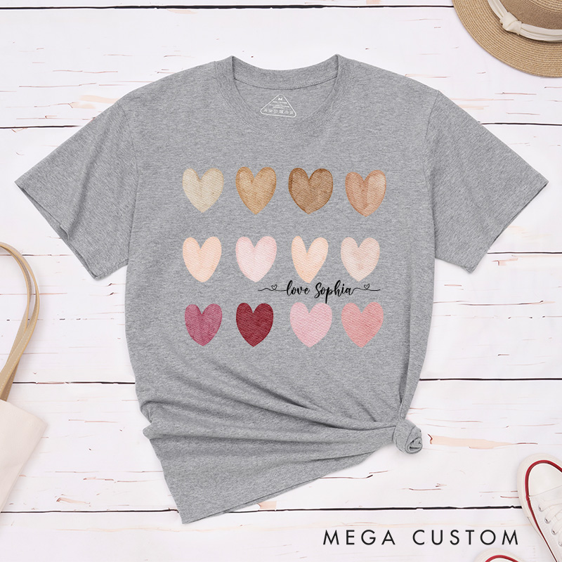 Personalized Couple Watercolor Heart Matching T-Shirt with Name Valentine's Day T-Shirt for Husband Wife Boyfriend Girlfriend Gift for Hubby Wifey