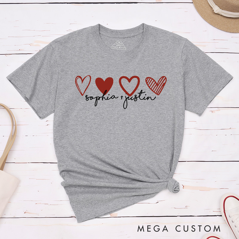 Personalized Couple Romantic 4 Hearts Matching T-Shirt with Name Valentine's Day T-Shirt for Husband Wife Boyfriend Girlfriend Gift for Hubby Wifey