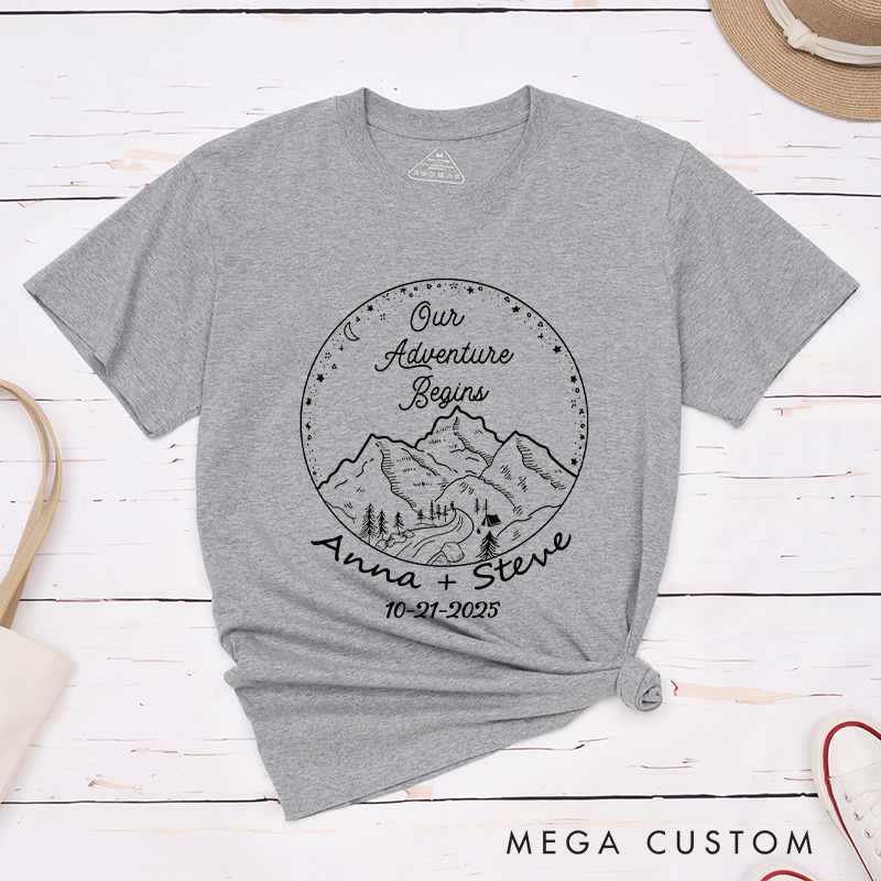 Personalized Rustic Mountain Our Adventure Begins Newlyweds Wedding Couple Classic T-Shirt