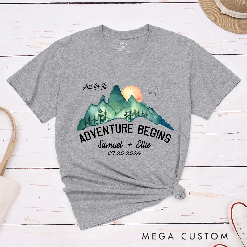 Personalized Scenic And So The Adventure Begins Newlyweds Wedding Couple Classic T-Shirt