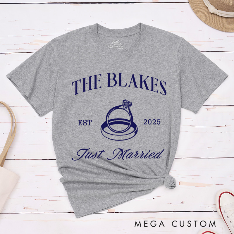 Personalized Elegant Just Married Wedding Rings Newlyweds Wedding Couple Classic T-Shirt