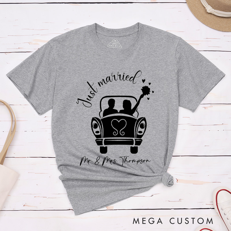 Personalized Romantic Just Married with Wedding Car Wedding Couple Classic T-Shirt