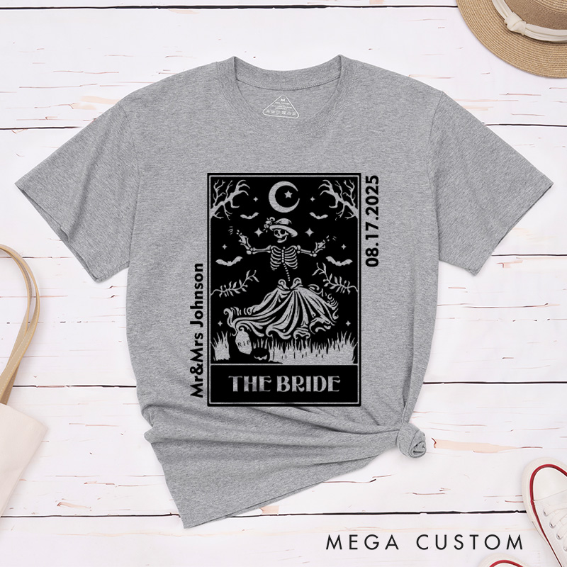 Personalized Whimsical Tarot Card Skeleton Bride and Groom Wedding Couple Classic T-Shirt