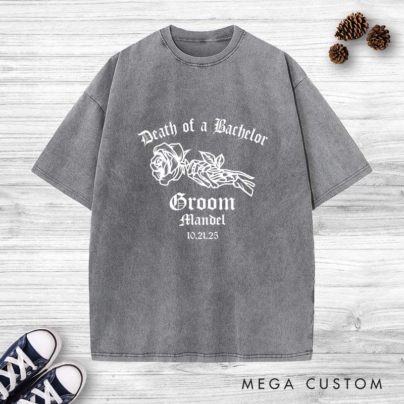 Personalized Death of a Bachelor Washed T-Shirt Gothic Groom Bach Party Shirts Groom Crew Washed T-Shirts Vintage Washed T-Shirt for Best Man