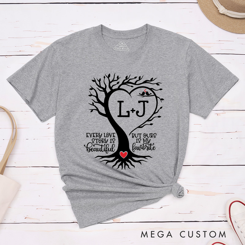 Personalized Couple Heart-Shaped Tree Matching T-Shirt with Initials Valentine's Day Classic T-Shirt for Husband Wife Boyfriend Girlfriend Gift