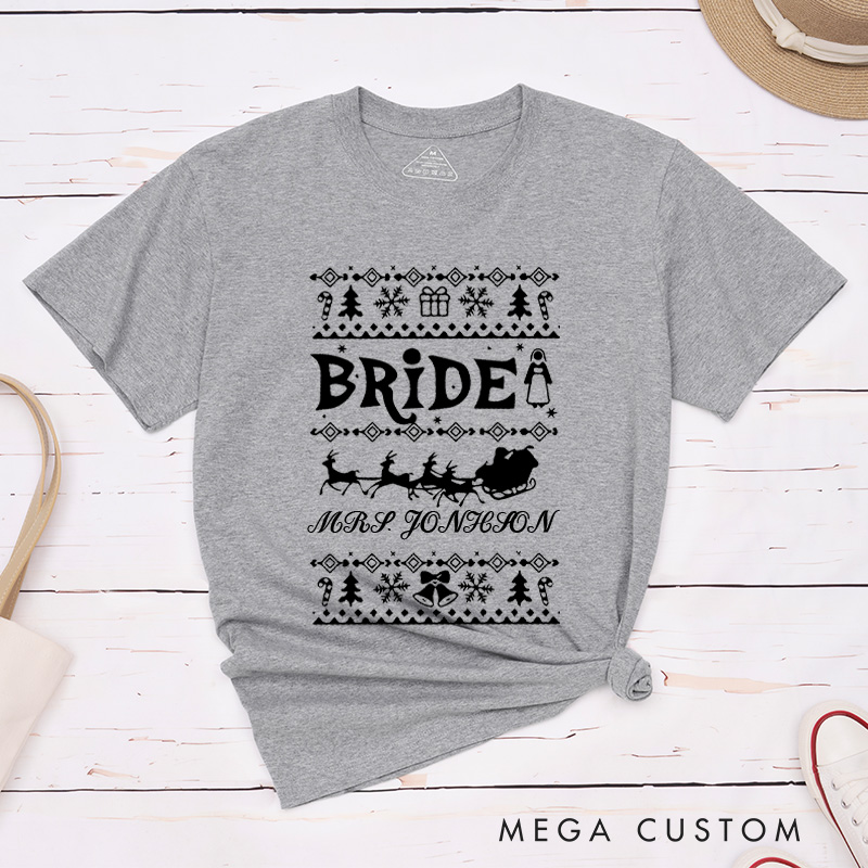 Personalized Christmas Bride and Groom with Reindeer and Sleighs Matching Wedding Couple Classic T-Shirt