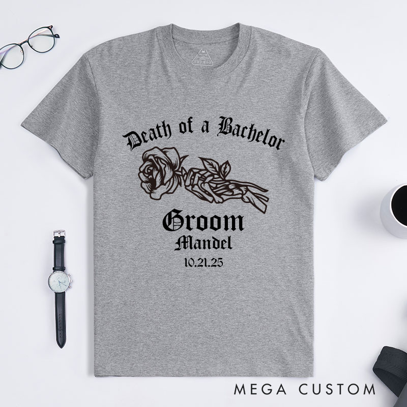 Personalized "Death of a Bachelor" T-Shirt Elegant Gothic Skeleton Rose Designed Groom T-Shirt Bachelor Party Favors Shirt for Him