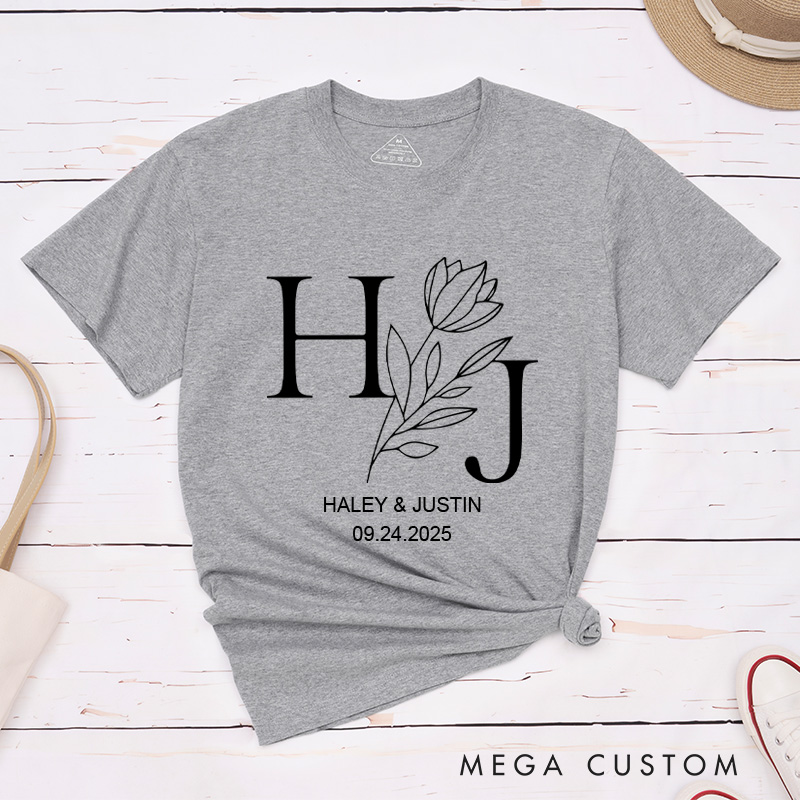 Personalized Elegant Floral with Initials Wedding Couple Classic T-Shirt