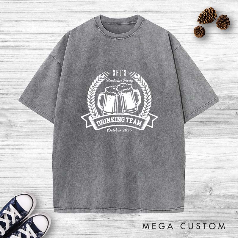 Personalized Groom Drinking Team Bachelor Party Washed T-Shirt Groomsmen Beer Lover T-Shirt Retro Washed T-Shirts for Best Man