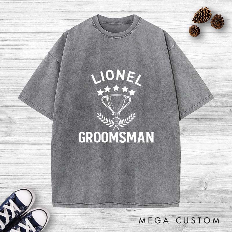 Personalized Groomsman Trophy Bachelor Party Washed T-Shirt Groomsmen Wedding Party T-Shirt Retro Washed T-Shirts for Best Man