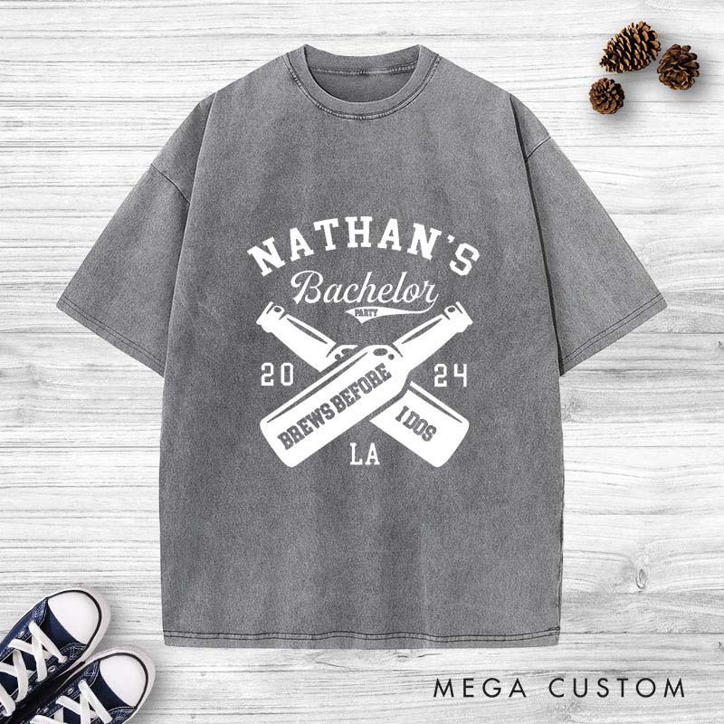 Personalized Brews Before I Dos Groom Washed T-Shirt Groom Wedding Party T-Shirt Retro Groomsman y2k Washed T-Shirts for Best Man