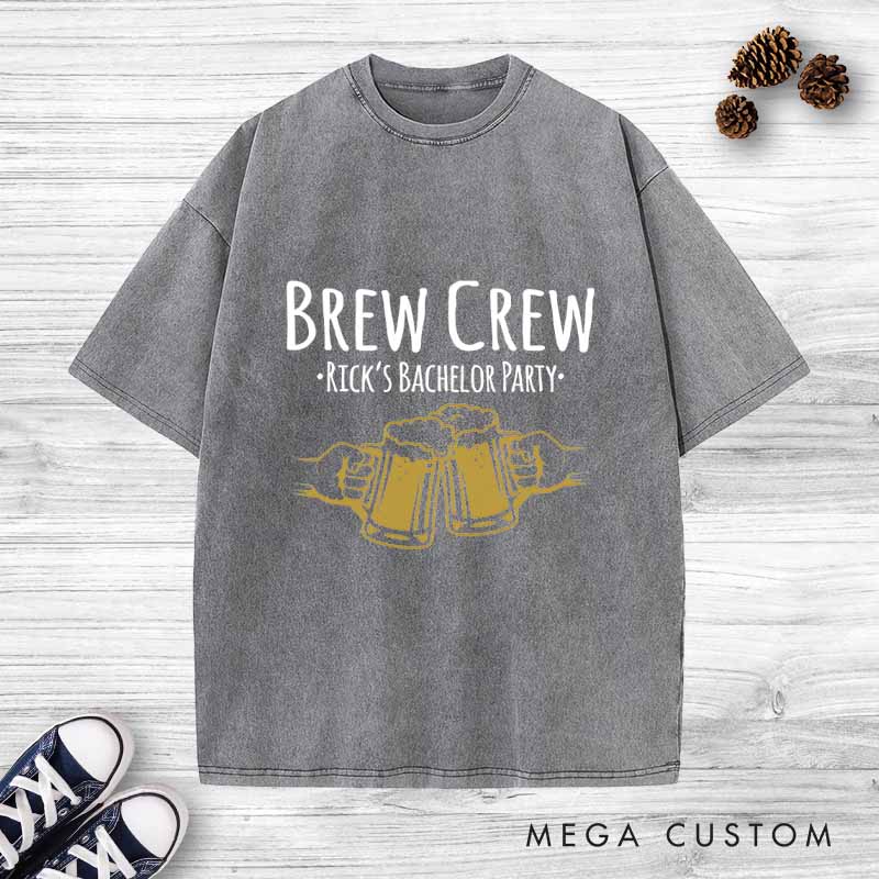 Personalized Brew Crew Bachelor Washed T-Shirt Groom Groomsmen Bachelor Party Favors Shirts Retro y2k Washed T-Shirt for Best Man
