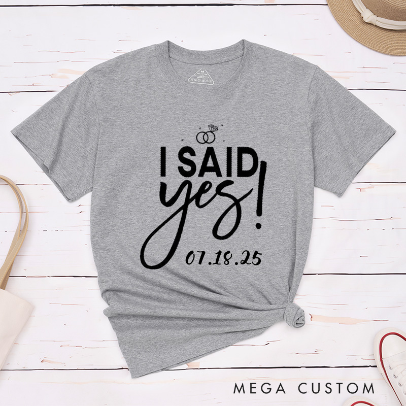 Personalized Elegant I Asked and I Said Yes Engagement Announcement with Rings Engagement Couple Classic T-Shirt