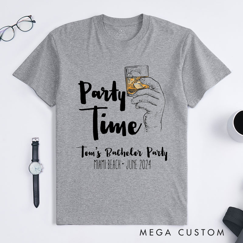 Personalized Party Time Bachelor Party T-Shirt Whiskey Glass Shirt for Groomsman Wedding Party Favors Shirt for Men Best Man Gift