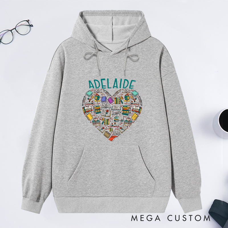 Personalized Books Heart Classic Hoodies Custom Book Lover Hoodies with Name Reading Hoodies Librarian Gift Book Lover Gift for Reader