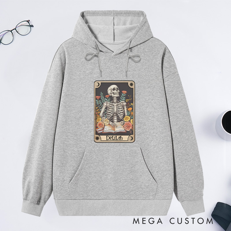 Personalized The Reader Tarot Card Classic Hoodies Skeleton Reading Hoodies Custom Bookish Hoodies with Name Librarian Gift Book Lover Gift