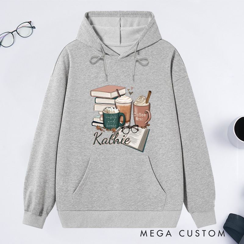 Personalized Coffee and Books Classic Hoodies Custom Book Lover Hoodies with Name Librarian Gift Book Lover Gift for Reader Gift