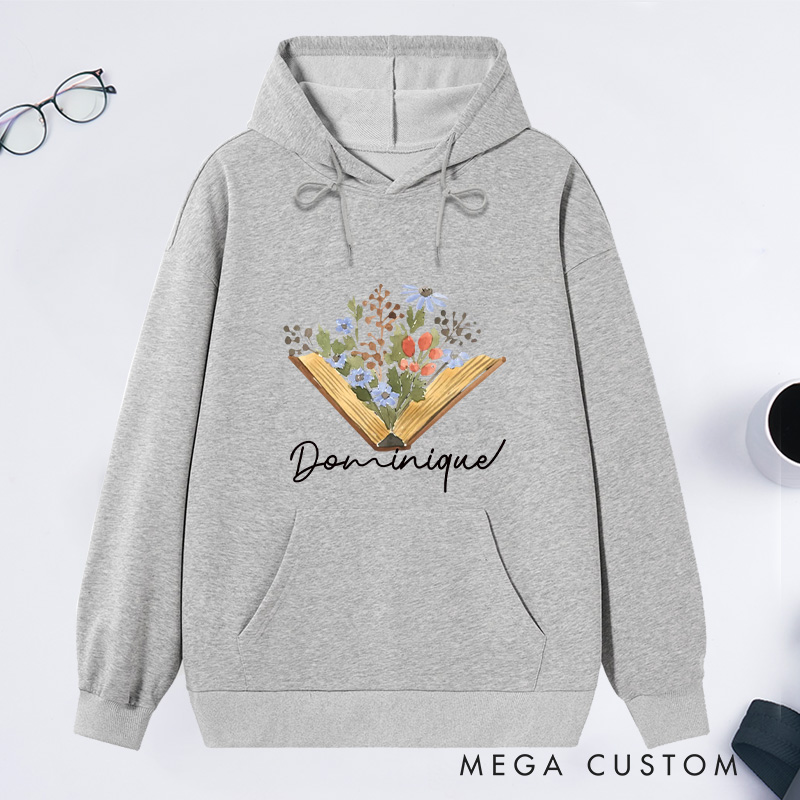 Personalized Flower Book Classic Hoodies Bookish Wildflower Hoodies Custom Book Lover Hoodies with Name Librarian Gift Reading Gift for Reader