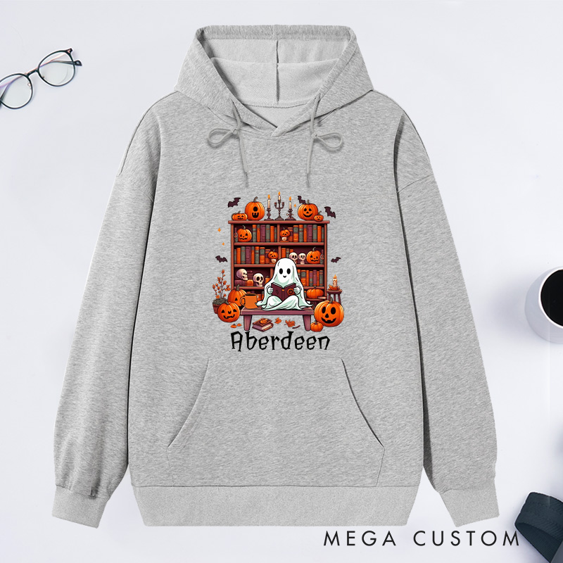 Personalized Ghost Book Reader Classic Hoodies Custom Book Lover Hoodies with Name Reading Hoodies Halloween Hoodies Librarian Gift Reader Gift