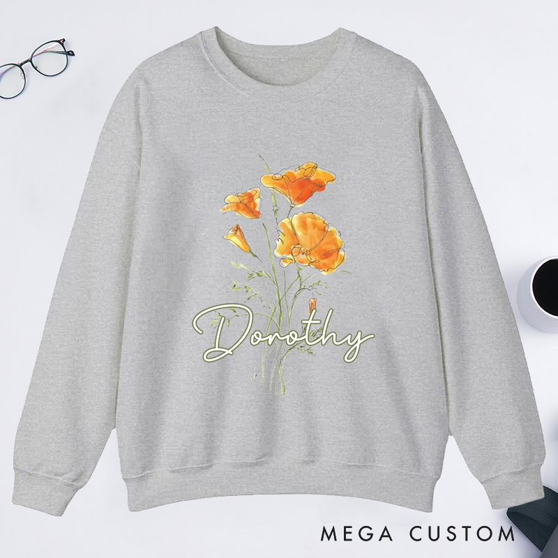 Personalized Golden Poppy Classic Sweatshirts Wildflower Sweatshirt with Name Botanical Sweatshirt Plant Lover Gift Gardening Gift for Gardener