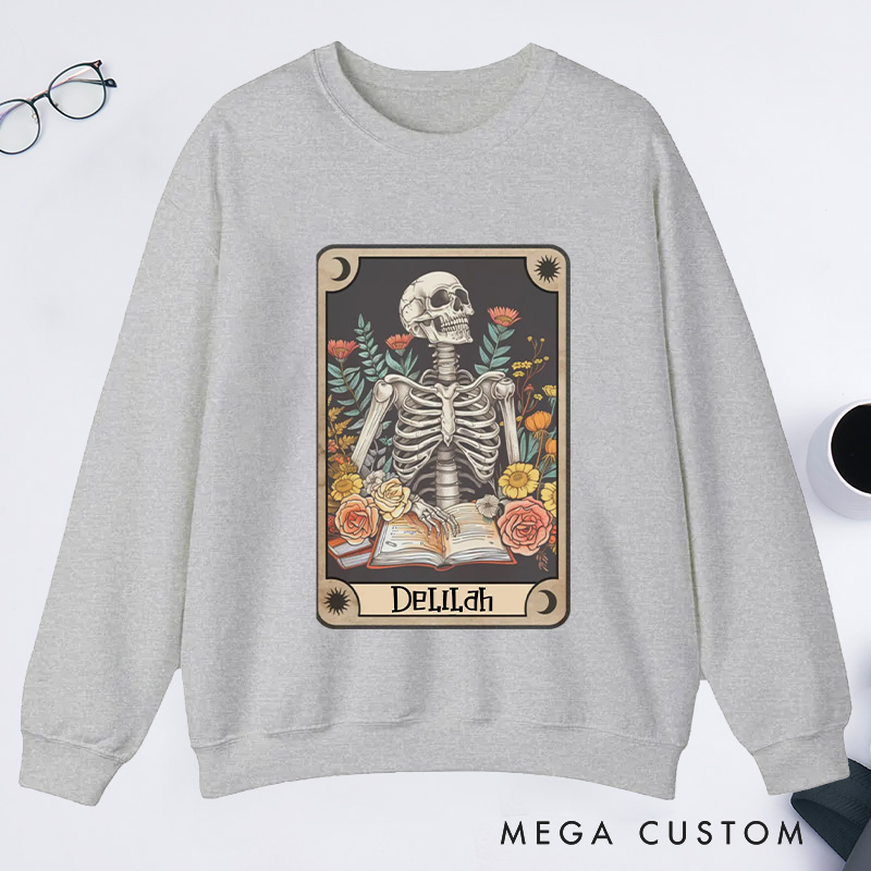 Personalized The Reader Tarot Card Classic Sweatshirts Skeleton Reading Sweatshirt with Name Book Lover Gift Librarian Gift