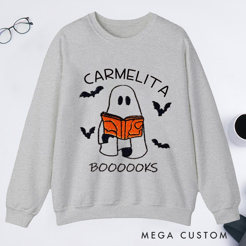 Personalized Booooks Classic Sweatshirts Custom Halloween Sweatshirt with Name Ghost Reading Halloween Gift Book Lovers Gift Librarian Gift